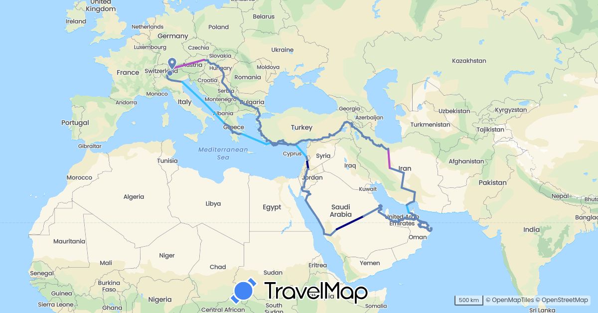 TravelMap itinerary: driving, cycling, train, boat in United Arab Emirates, Austria, Bulgaria, Switzerland, Greece, Hungary, Iran, Italy, Jordan, Lebanon, Oman, Serbia, Saudi Arabia, Slovakia, Turkey (Asia, Europe)