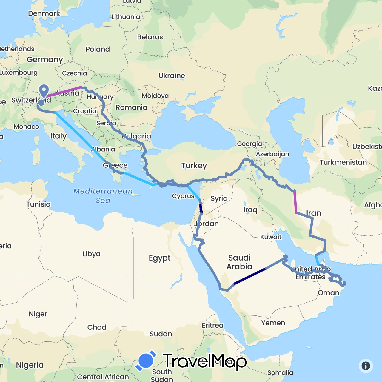 TravelMap itinerary: driving, cycling, train, boat in United Arab Emirates, Austria, Bulgaria, Switzerland, Greece, Hungary, Iran, Italy, Jordan, Lebanon, Oman, Serbia, Saudi Arabia, Slovakia, Turkey (Asia, Europe)
