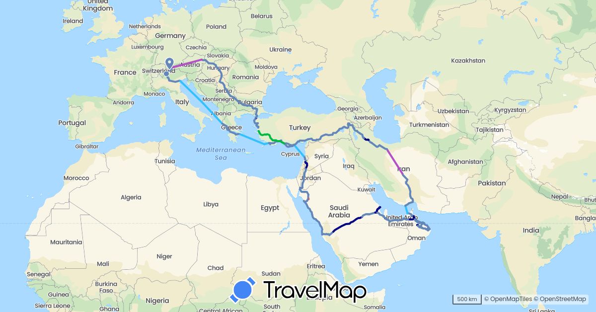 TravelMap itinerary: driving, bus, cycling, train, hiking, boat in United Arab Emirates, Austria, Bulgaria, Switzerland, Greece, Hungary, Iran, Italy, Jordan, Lebanon, Oman, Serbia, Saudi Arabia, Slovakia, Turkey (Asia, Europe)