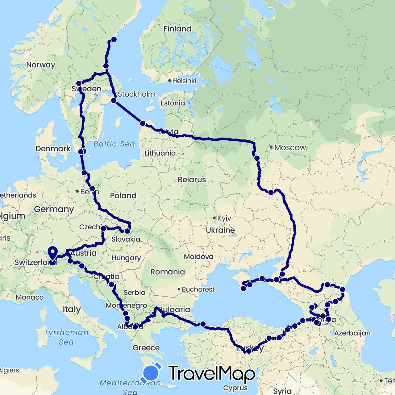 TravelMap itinerary: driving in Albania, Austria, Bosnia and Herzegovina, Switzerland, Czech Republic, Georgia, Latvia, Poland, Russia, Sweden, Slovenia, Slovakia, Turkey, Ukraine (Asia, Europe)