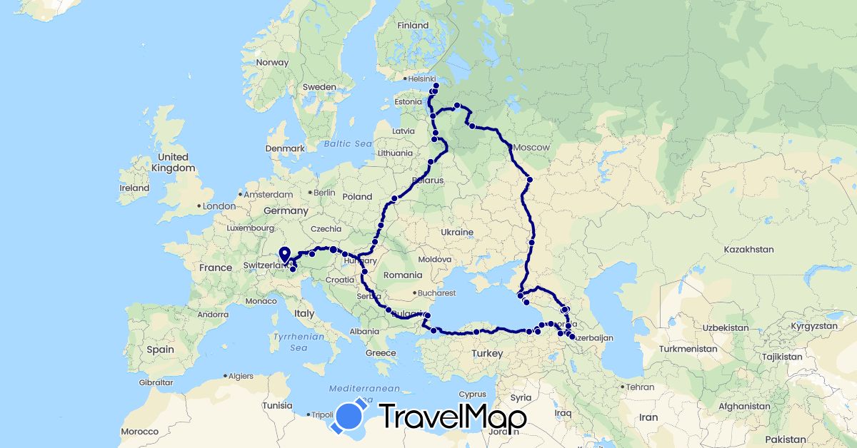 TravelMap itinerary: driving in Armenia, Austria, Bulgaria, Belarus, Switzerland, Georgia, Hungary, Italy, Poland, Russia, Slovakia, Turkey (Asia, Europe)
