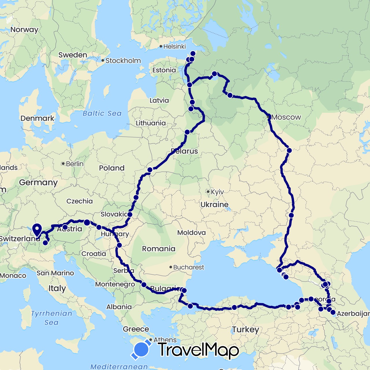 TravelMap itinerary: driving in Armenia, Austria, Bulgaria, Belarus, Switzerland, Georgia, Hungary, Italy, Poland, Russia, Slovakia, Turkey (Asia, Europe)