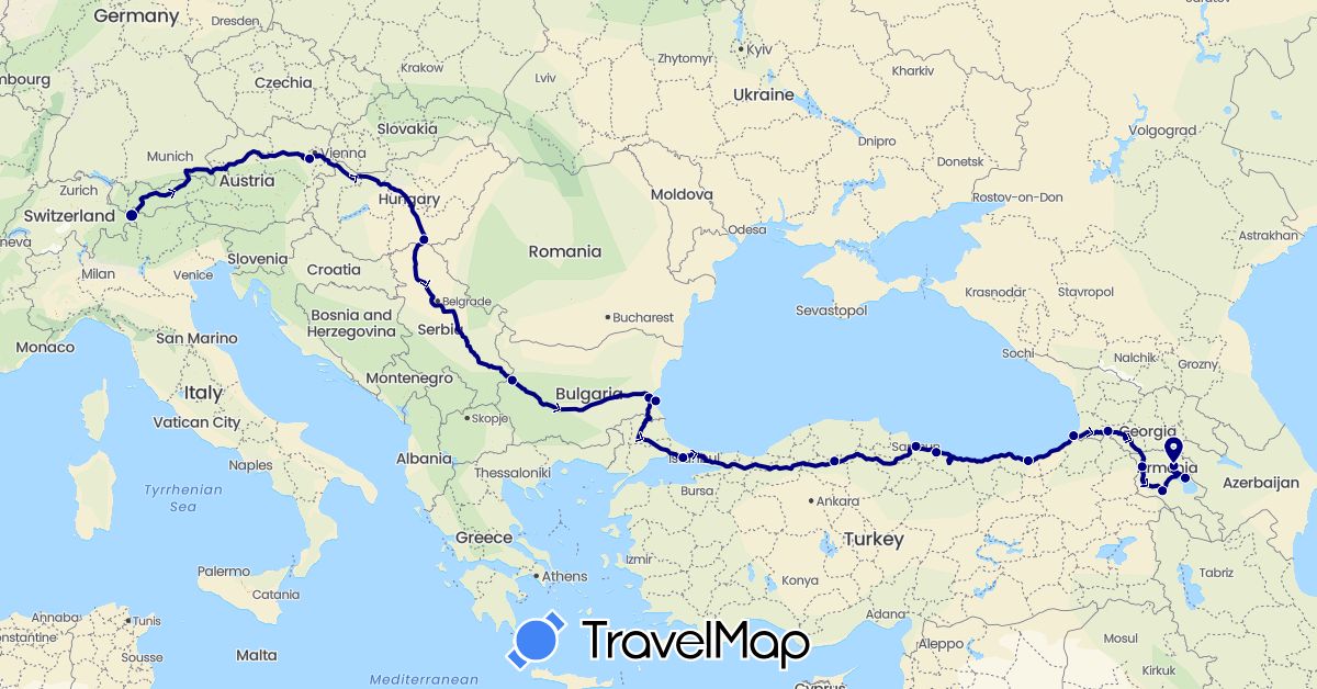 TravelMap itinerary: driving in Armenia, Austria, Bulgaria, Switzerland, Georgia, Hungary, Turkey (Asia, Europe)