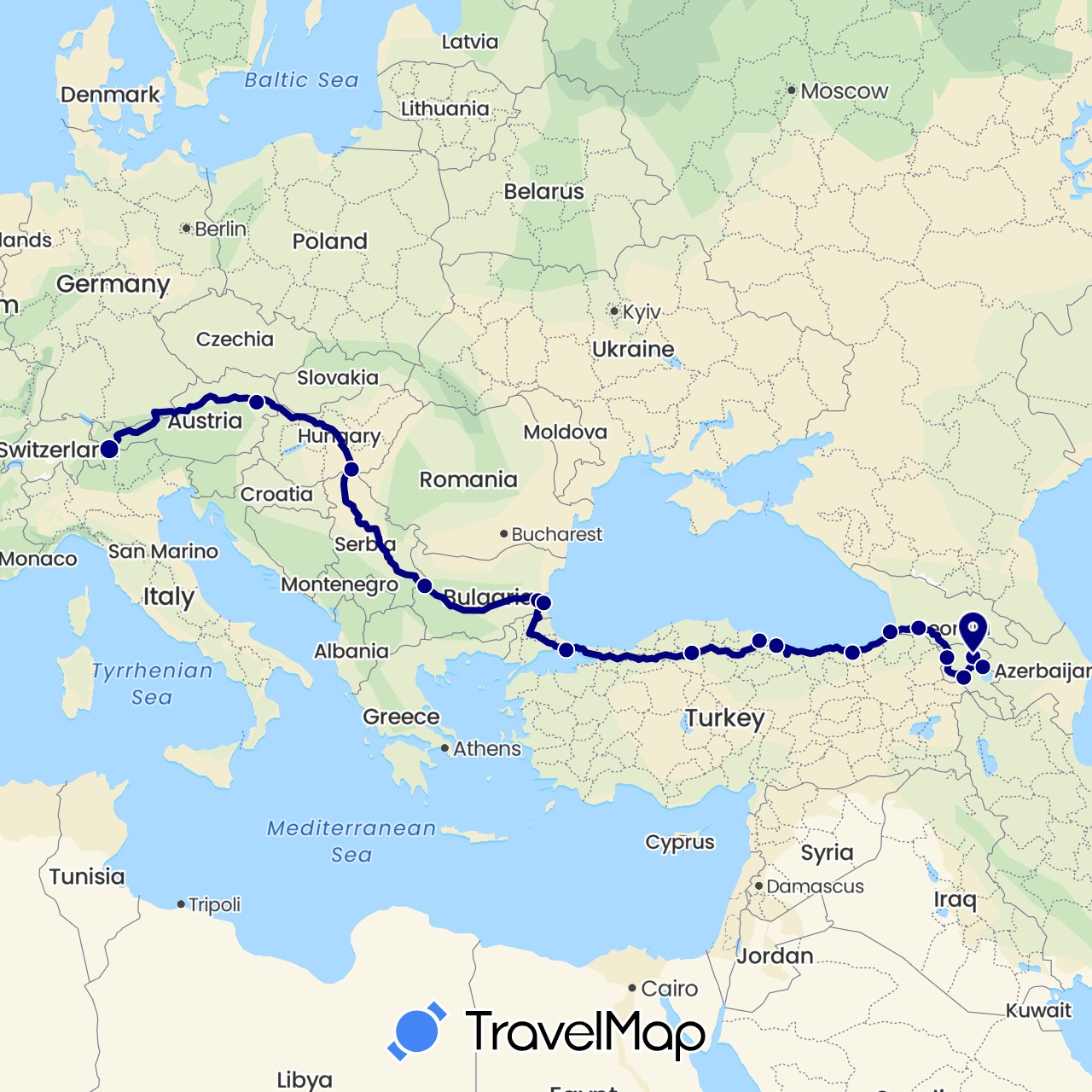 TravelMap itinerary: driving in Armenia, Austria, Bulgaria, Switzerland, Georgia, Hungary, Turkey (Asia, Europe)